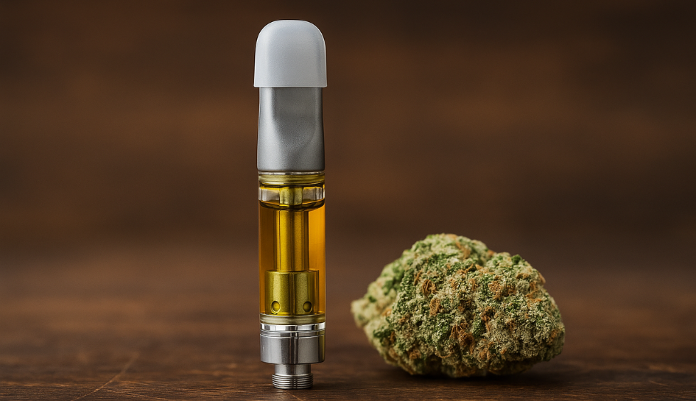 Close-up of a live resin vape cartridge and cannabis flower on wooden surface – best live resin carts in Canada