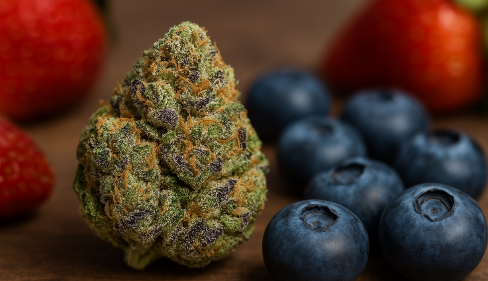 Blueberry Dream cannabis bud with fresh blueberries and strawberries, highlighting its fruity aroma and sweet berry flavour profile