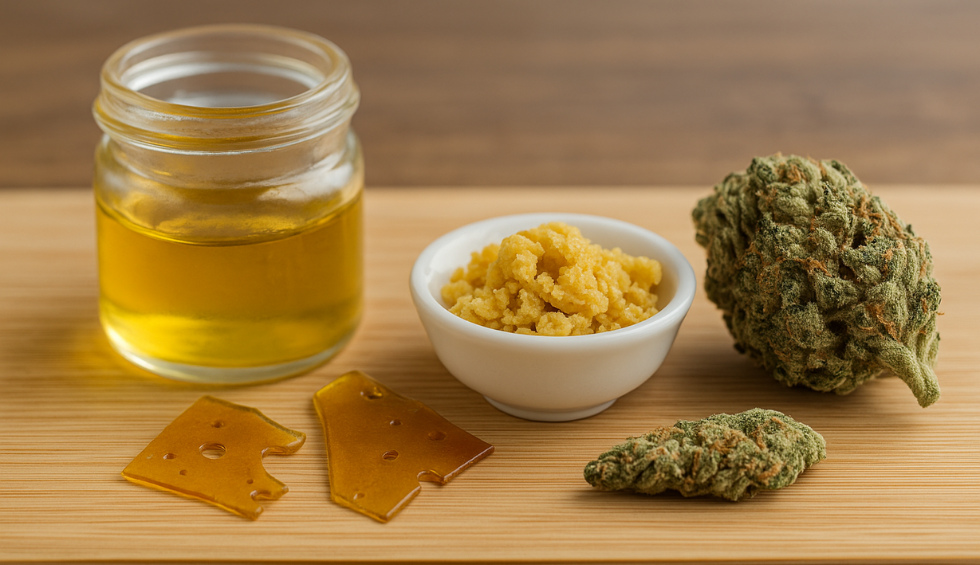 Various cannabis concentrates and buds displayed on a wooden surface, including oil, shatter, crumble, and flower, representing bulk concentrates in Canada