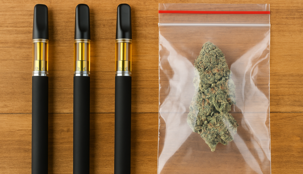 Three cannabis vape pens beside a sealed bag containing a large cannabis bud on a wooden surface