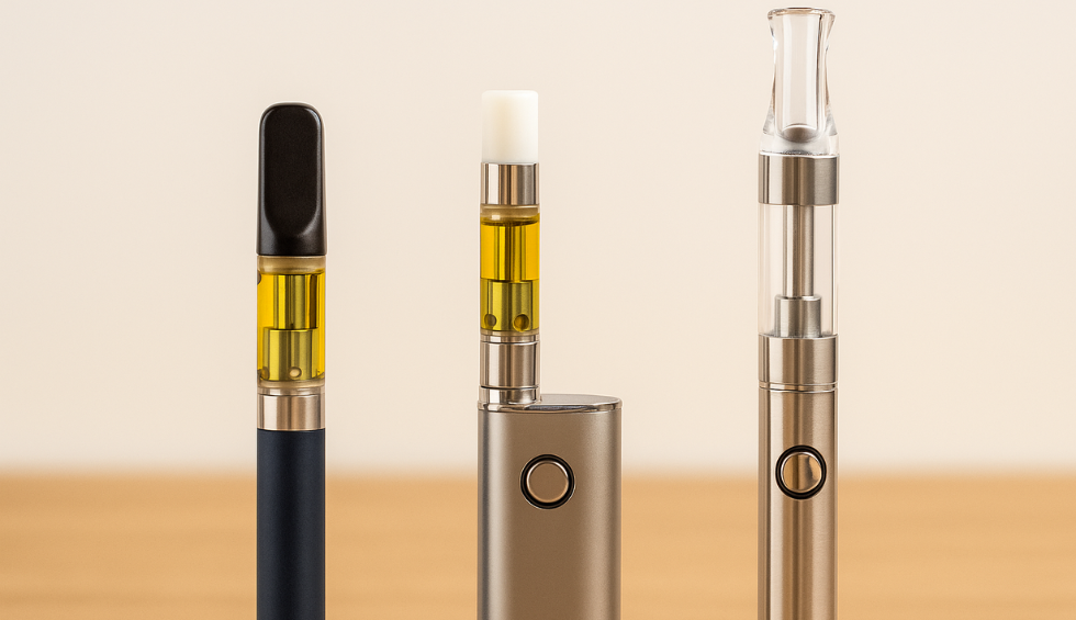 Three different cannabis vape pens showcasing various cartridge styles and mouthpieces on a wooden surface