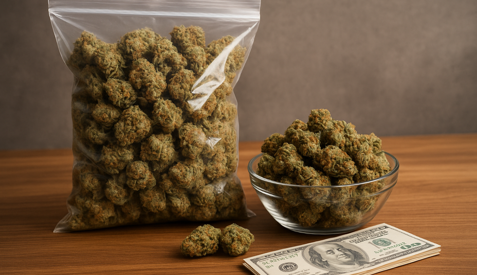 Large bag and glass bowl filled with cannabis buds next to stack of US dollar bills on wooden table