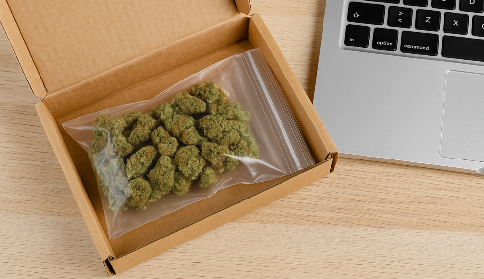 Sealed bag of Red Congolese cannabis buds in a cardboard box beside a laptop on a wooden desk