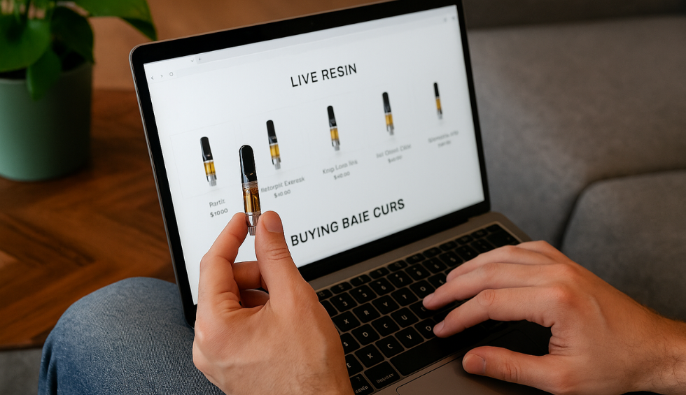 Person browsing live resin carts online in Canada while holding a vape cartridge