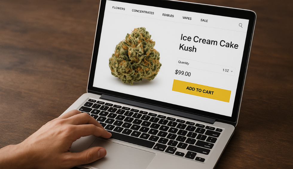 Laptop screen showing Ice Cream Cake strain for $99 with add to cart option for online cannabis purchase