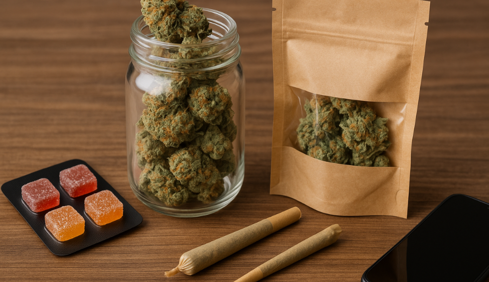 Jar and pouch of Nuken strain cannabis with pre-rolls, gummies, and a phone on a wooden table at DispensaryNearMeNow