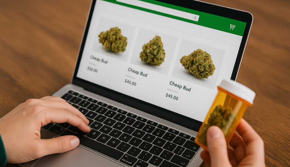 Person holding a cannabis container while browsing cheap bud listings on an online shop, highlighting safety concerns