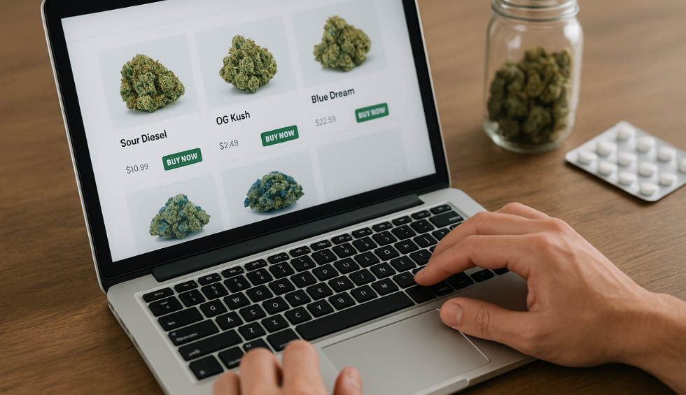 Person shopping online for cannabis strains like Sour Diesel, OG Kush, and Blue Dream on a laptop screen