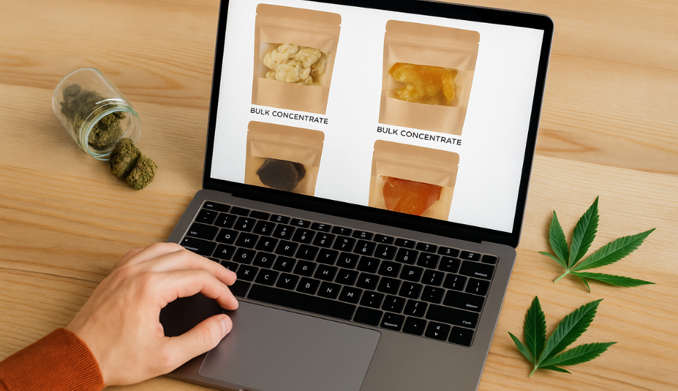 Person browsing bulk cannabis concentrates online with weed jar and leaves on table