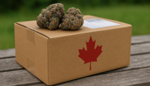 Cannabis buds on a delivery box with a red maple leaf, symbolizing Canadian weed shipping