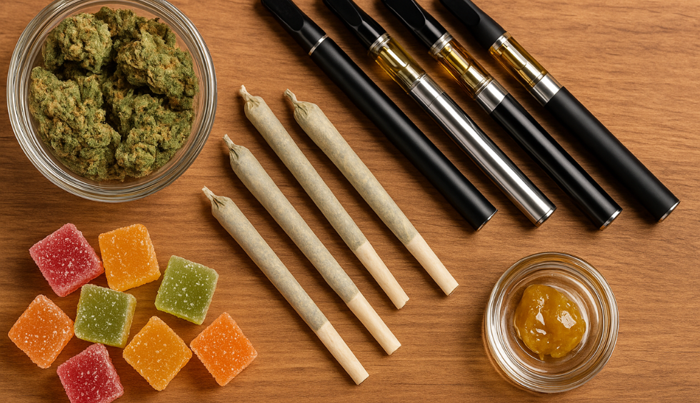 Bowl of cannabis buds, pre-rolls, vape pens, gummies, and cannabis concentrate on a wooden table