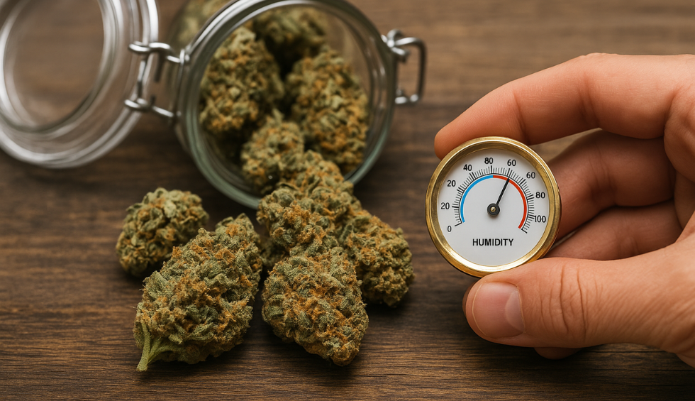 Hand holding a humidity gauge next to cannabis buds spilling from a glass jar, illustrating potency and freshness concerns