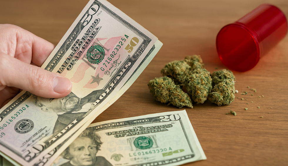 Hand holding U.S. dollar bills next to cannabis buds and an open red container, illustrating concerns about cheap weed deals being scams