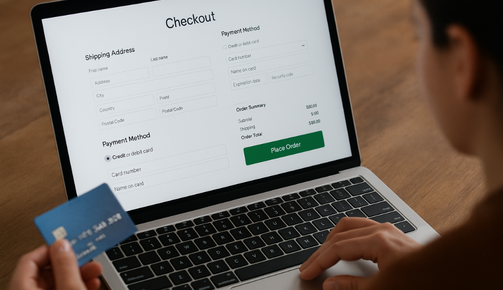Person entering shipping details and payment info on a laptop checkout page to place an online order