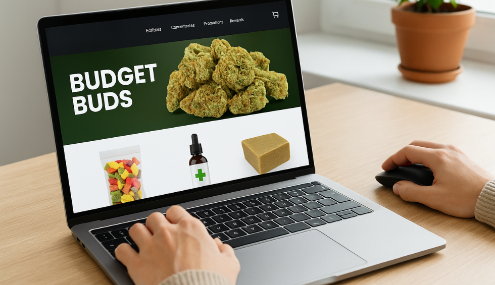 Person browsing online dispensary showing budget cannabis buds, edibles, concentrates, and tinctures on a laptop screen