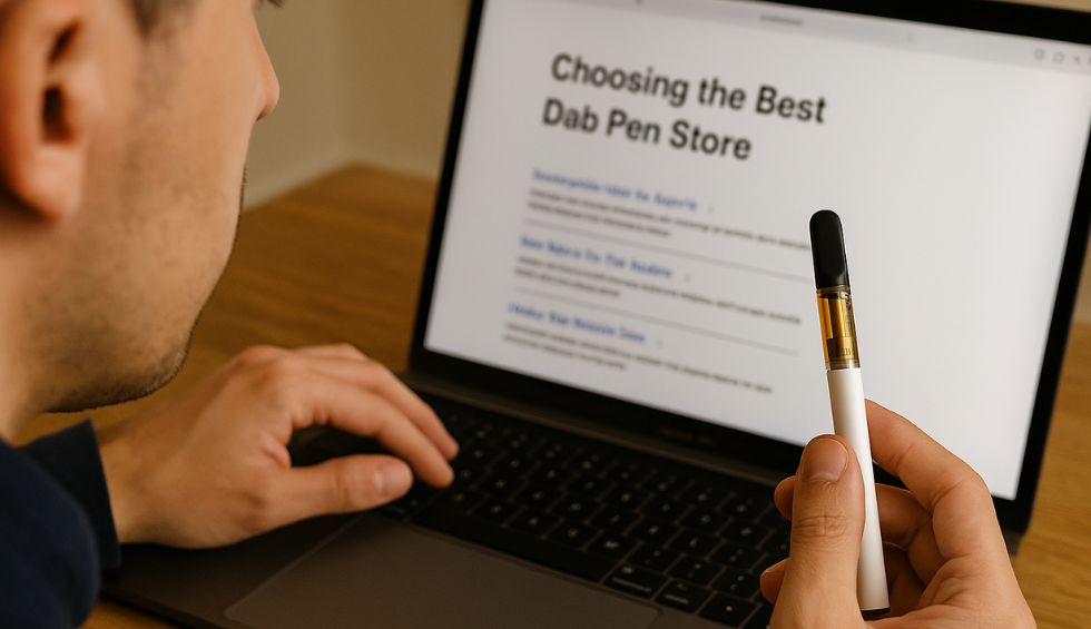 Person holding a white dab pen while browsing online search results for the best dab pen store on a laptop