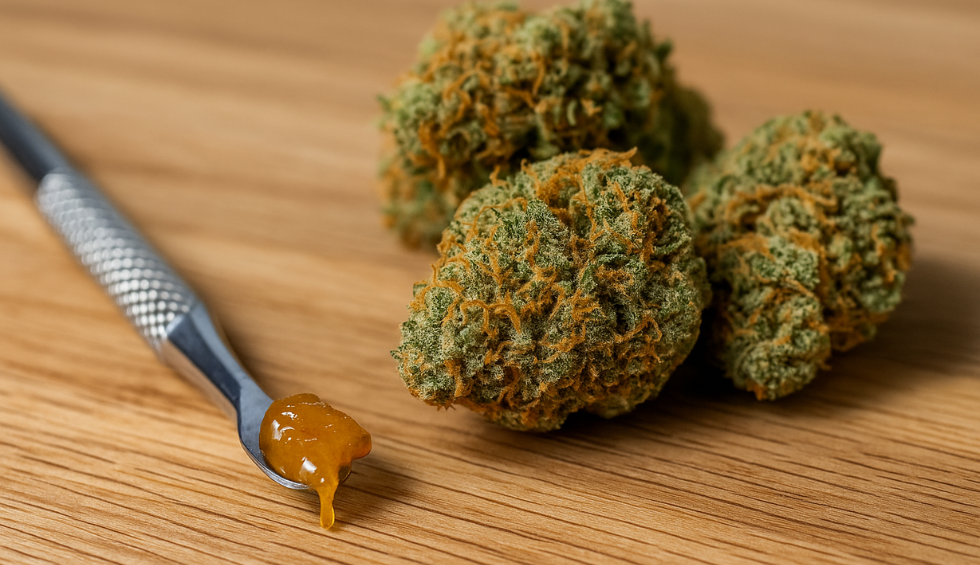 Cannabis buds and concentrate on dab tool, showing strain selection for concentrates