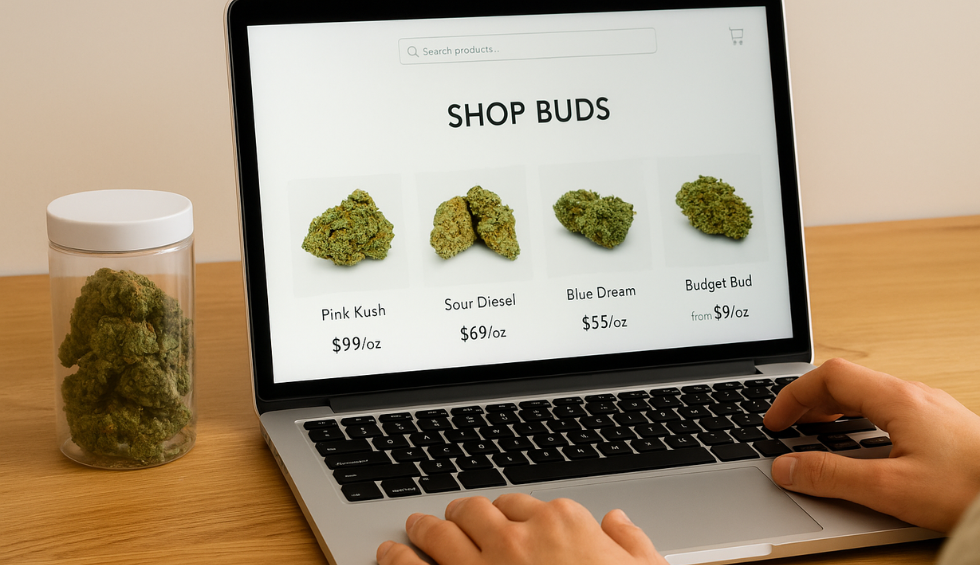Hands on laptop browsing cannabis buds online with prices, showing Pink Kush, Sour Diesel, Blue Dream, and Budget Bud options