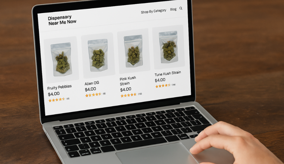 Laptop screen showing Fruity Pebbles strain for sale online at Dispensary Near Me Now