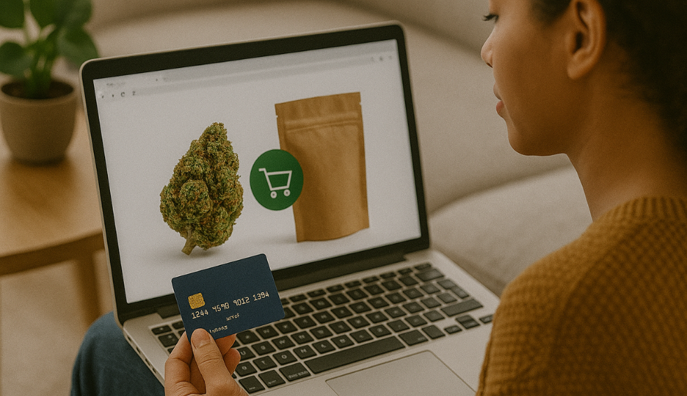 Woman shopping online for weed deals in Canada using laptop and credit card to save on cannabis