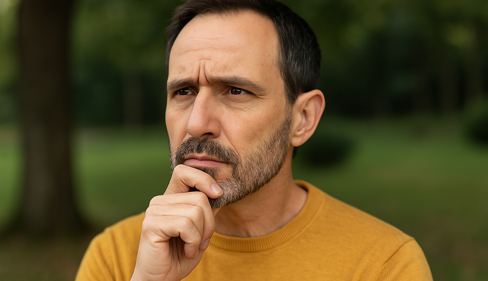 Man thoughtfully considering whether to try Gas Mask pot, standing outdoors with a pensive expression