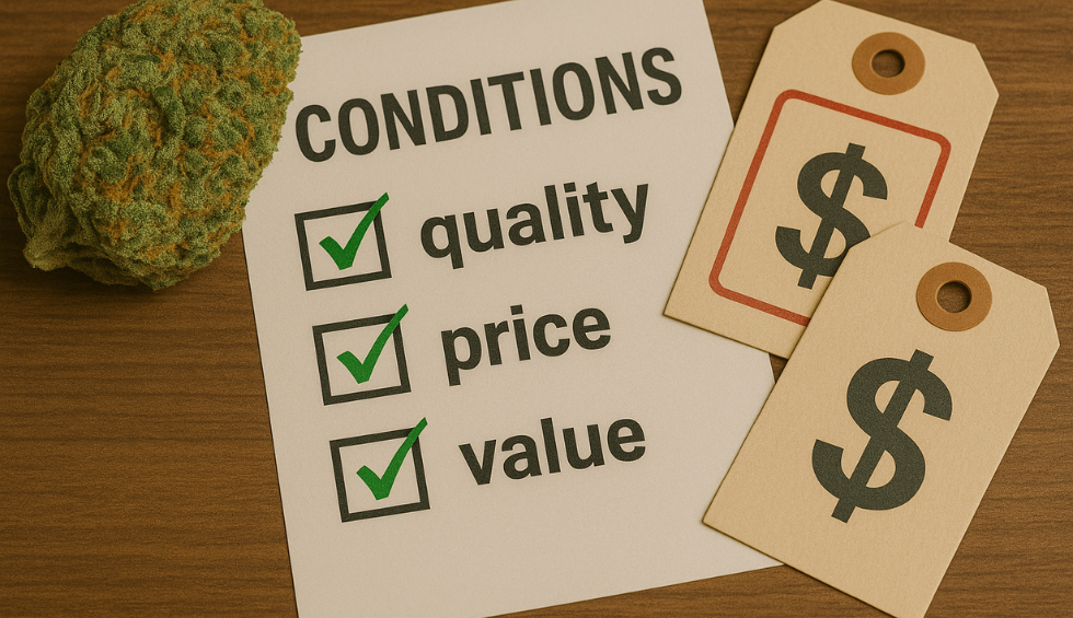 Checklist showing quality, price, and value with cannabis and price tags, highlighting conditions for cheap weed online