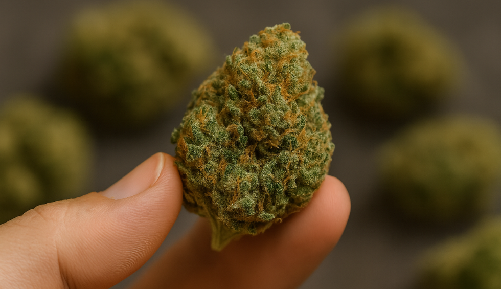 Close-up of a hand holding a cannabis bud, challenging the myth that budget buds are always low quality