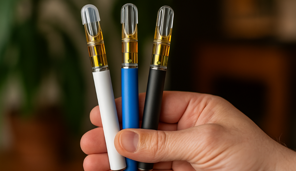 Close-up of a hand holding three colorful disposable dab pens bulk in Canada for frequent vapers