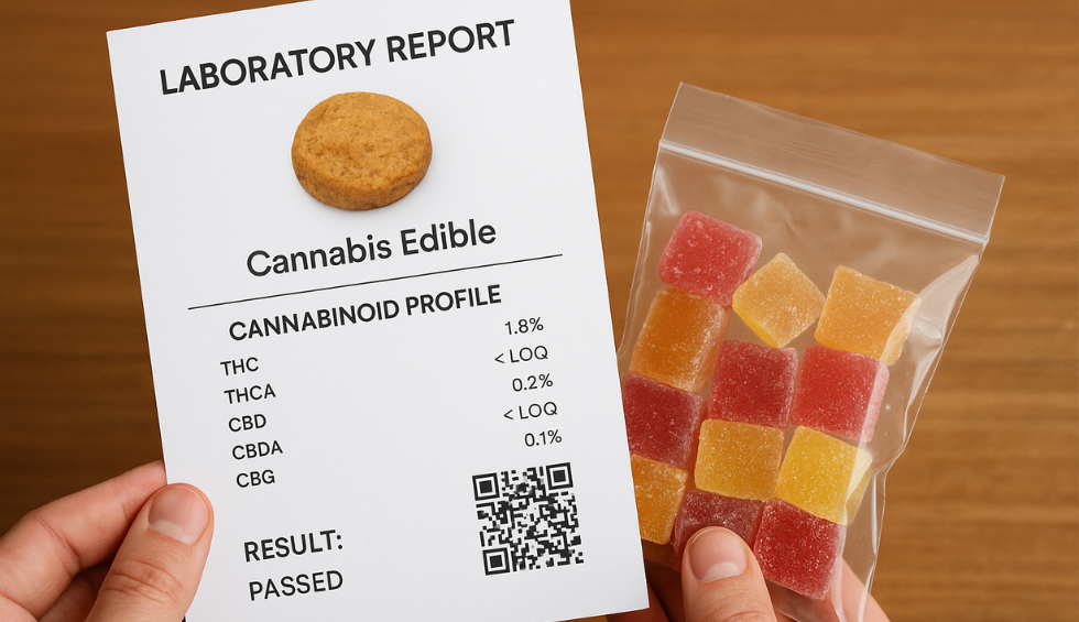 Hands holding cannabis edible lab report and gummy candies in a clear zip bag