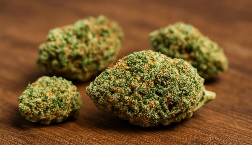 Close-up of cannabis dried flower buds on a wooden surface, showcasing their texture and trichome coverage