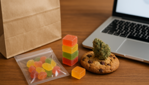 Colorful THC gummies and a cookie topped with cannabis bud beside a laptop, representing online edible purchases