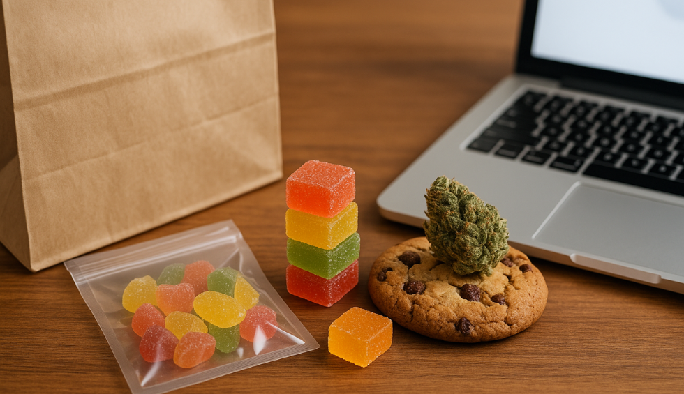 Colorful THC gummies and a cookie topped with cannabis bud beside a laptop, representing online edible purchases