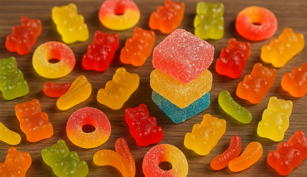 Assorted colorful gummy candies, including bears, rings, and cubes, displayed on a wooden surface