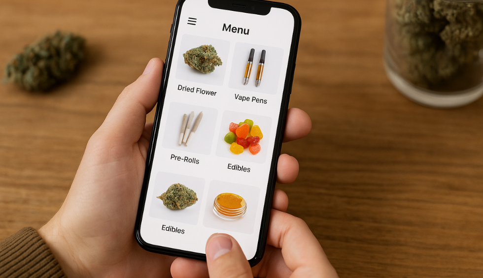 Person browsing cannabis menu on smartphone with dried flower, vape pens, pre-rolls, and edibles options