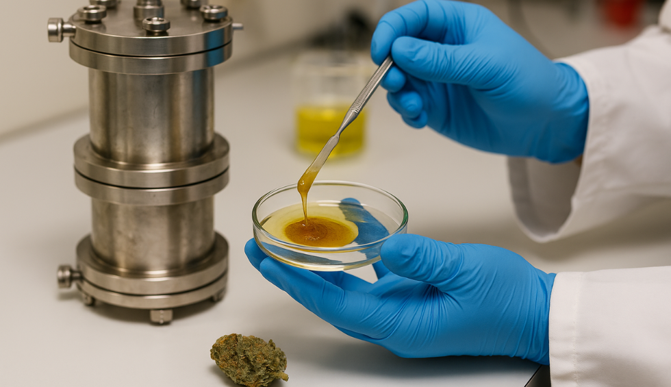 Lab technician in blue gloves handling golden cannabis extract in a petri dish with extraction equipment nearby