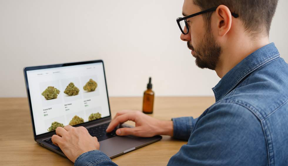 Man browsing cannabis flower options on an online dispensary website using a laptop in Canada