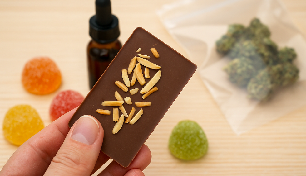 Hand holding cannabis-infused chocolate bar with almonds, gummies, tincture, and cannabis buds in the background