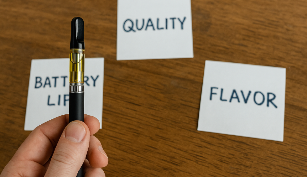 Hand holding a disposable dab pen with notes on battery life, quality, and flavor as key factors to consider