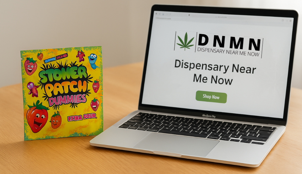 Stoner Patch Gummies pack beside laptop screen showing online dispensary website with “Shop Now” button