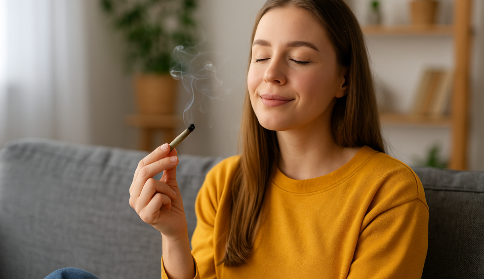 Woman relaxing on a couch, eyes closed, enjoying a joint, representing the ideal daytime cannabis strain experience
