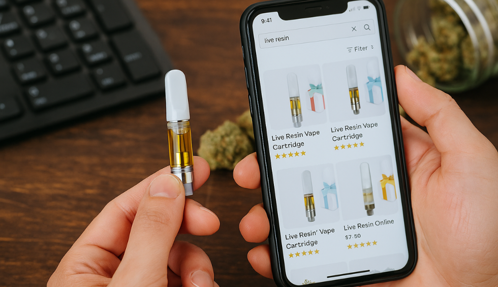 Person holding vape cart and phone browsing live resin carts online in Canada