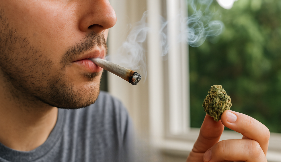 Close-up of a man smoking a joint while holding a cannabis bud between his fingers