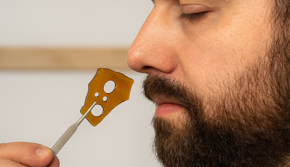 Bearded man smelling a piece of cannabis concentrate held with tweezers, focusing on its flavour and aroma