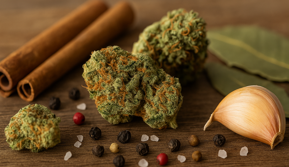 Cannabis buds with garlic, cinnamon sticks, peppercorns, bay leaves, and coarse salt, highlighting earthy and spicy aromas