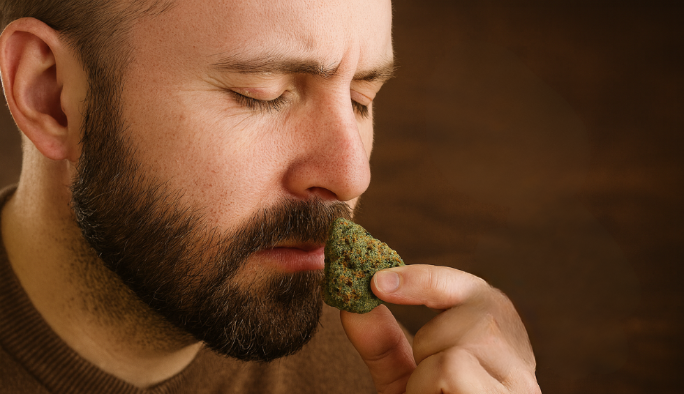 Man smelling Fruity Pebbles strain cannabis bud to explore its sweet, fruity flavour and aroma profile