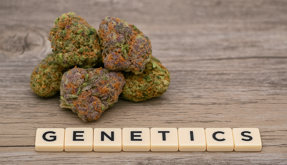 Fruity Pebbles cannabis buds with GENETICS text, highlighting strain’s unique lineage