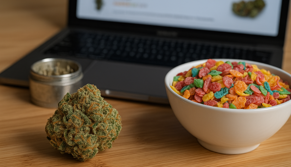 Fruity Pebbles cannabis strain with cereal bowl on table, symbolizing its candy-like flavor and hybrid effects