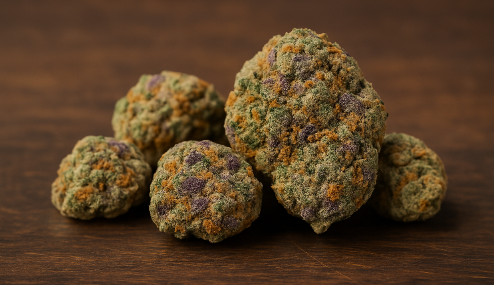 Fruity Pebbles strain buds with green, purple, and orange hues highlighting its appearance