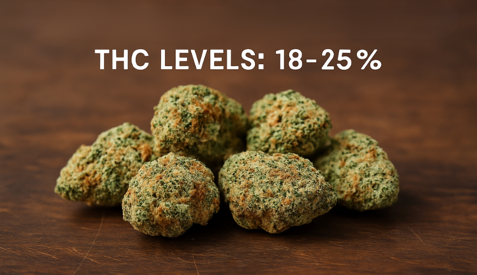 Fruity Pebbles cannabis buds with THC levels ranging from 18% to 25% displayed on text
