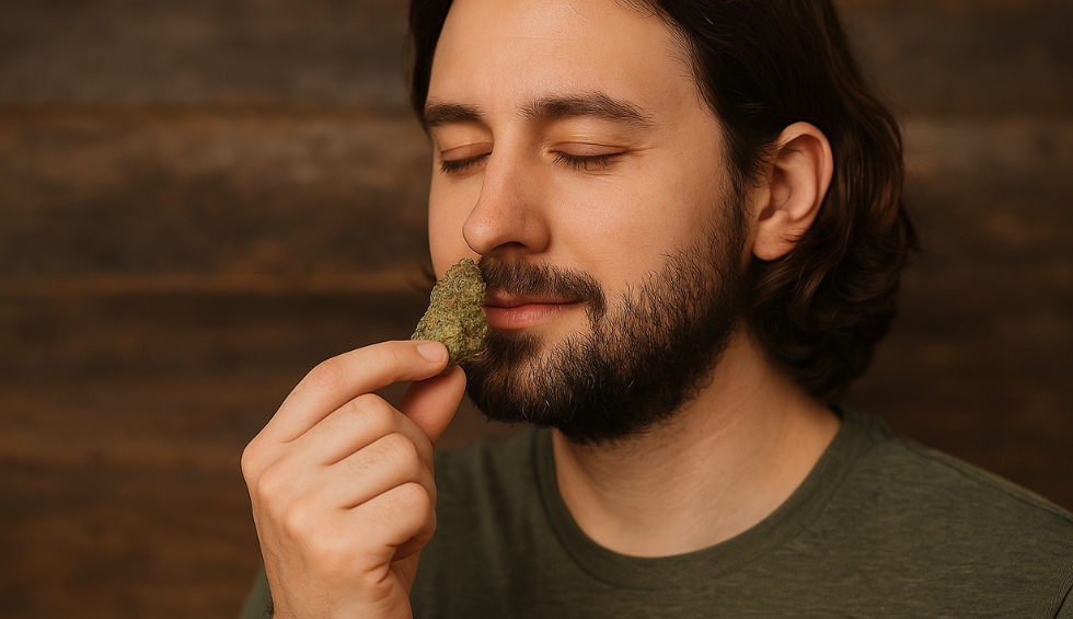 Man smelling Fruity Pebbles weed strain bud, illustrating its relaxing and uplifting effects